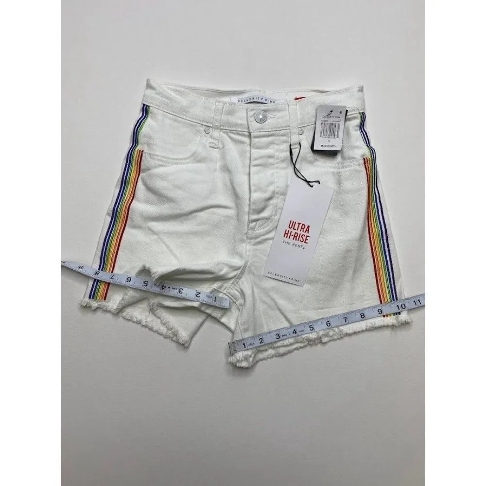 Celebrity Pink Jean Shorts 0 White Juniors' Rainbow Stripe Stretch‎ Raw-Hem NEW